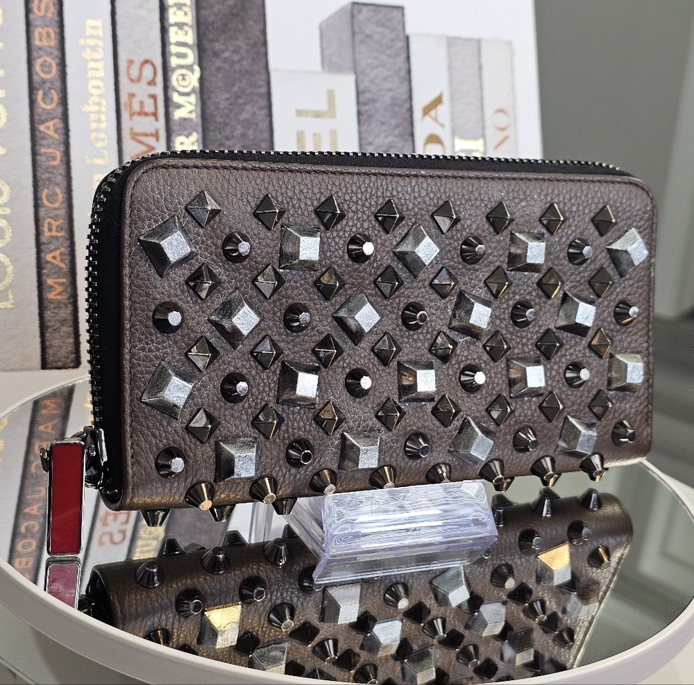 Christian Louboutin Brown Pebbled Studded Zip-Around Wallet with Red Pull